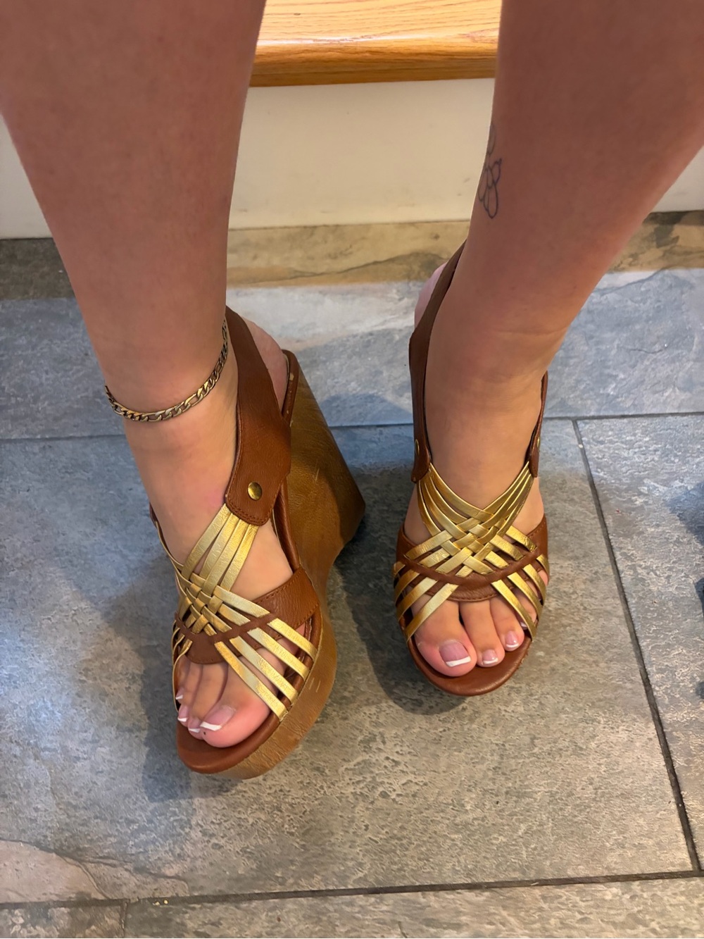 Brash Brown and Gold Woven Wedge Sandals
